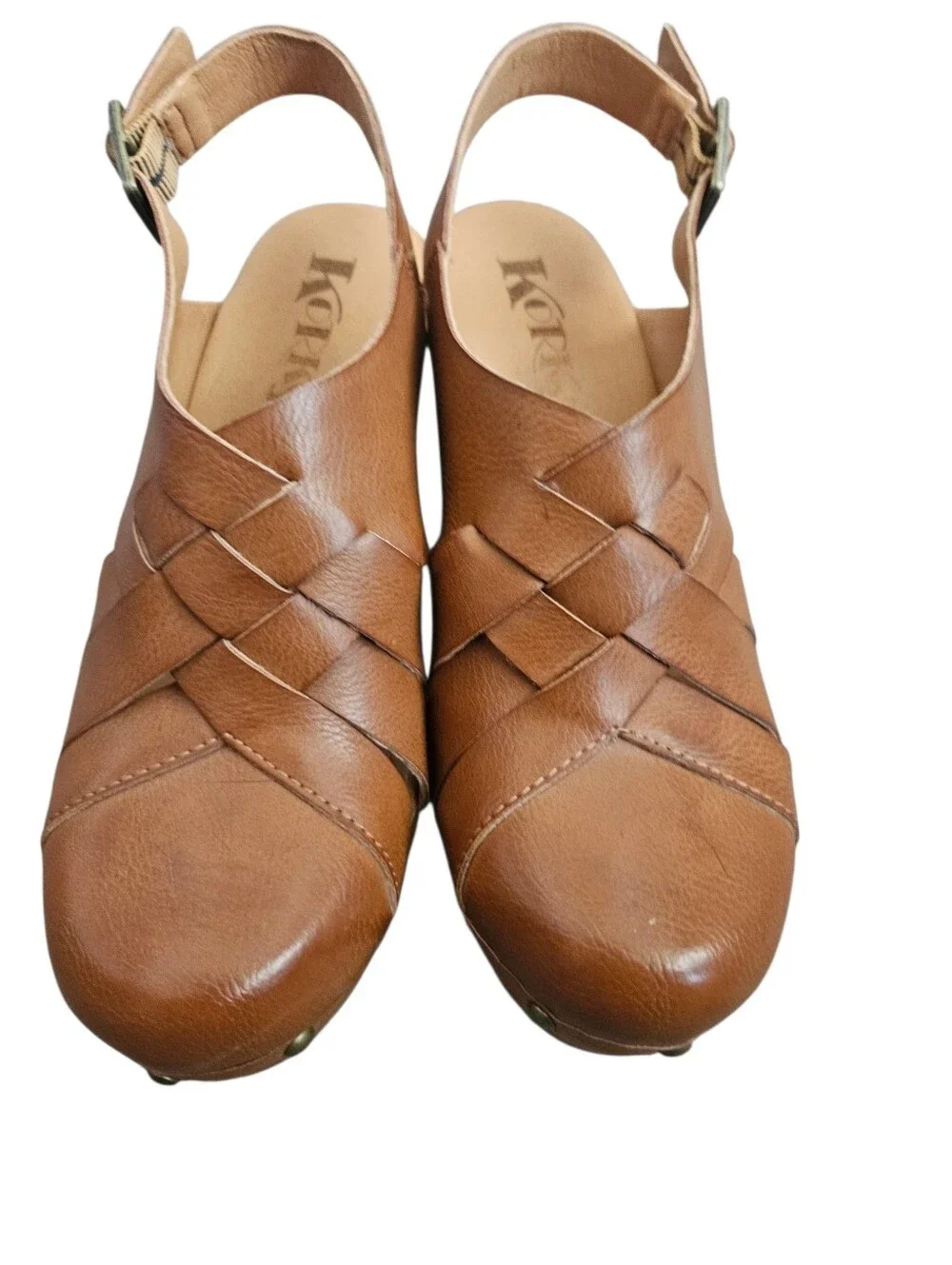 Korks Wynne Platform Clogs Brown Woven Slingback Studded Wood Comfort Sz 6